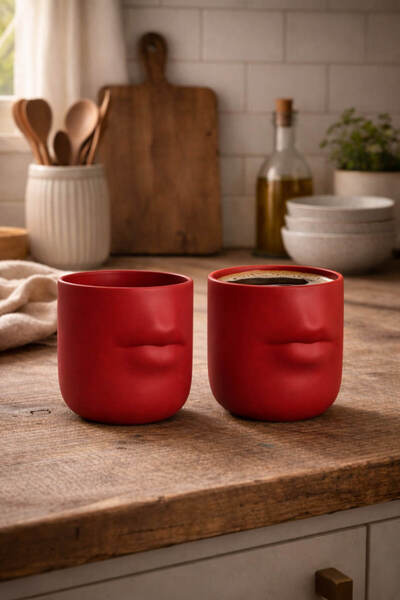 Anadolu Saray Ceramic Coffee Mug with Red Lip Design – Modern Artistic Decora...
