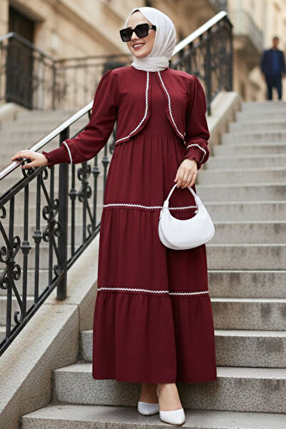 N.S NEVA STYLE Μπορντό Φόρεμα Τεσεττούρ με Λεπτομέρεια Μπολερό 20325BR