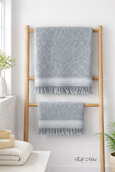 Elif Mira 2-Piece Bath and Hand Towel Set Fringed Embossed Patterned 100% Cot...