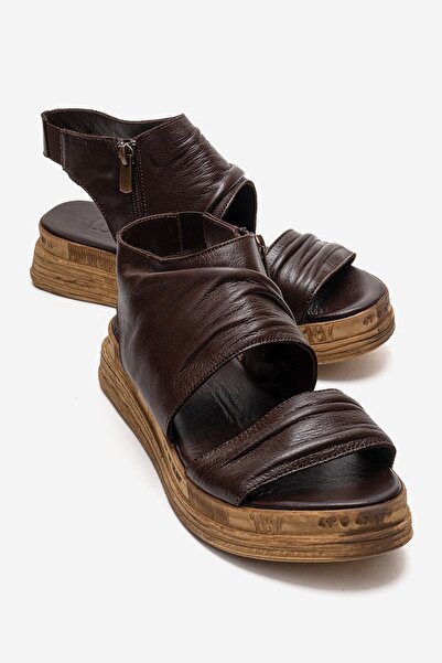 LuviShoes LUNAS Kahverengi Hakiki Deri Yandan Fermuarlı Kadın Sandalet