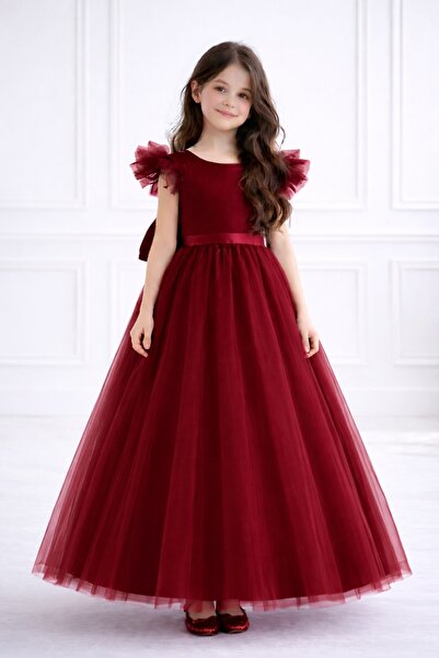 MadyaButik Rochie de seară prințesă din tul piese, burgundă, pentru fete – Mâ...