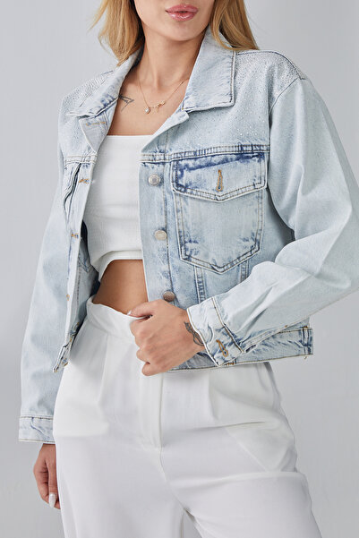 zenne Stoned Front and Back Pocket Detail Denim Jacket Ice Blue
