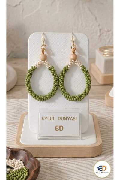 EYLÜL DÜNYASI EL YAPIMI -YEŞİL- KUM BONCUKLU HALKA KÜPE (8 CM)