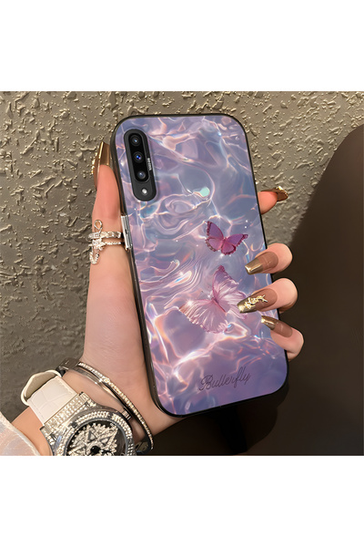 Hontinga Samsung Galaxy A50 Uyumlu Kelebek Desenli Silikon Kenar Sert Arka An...