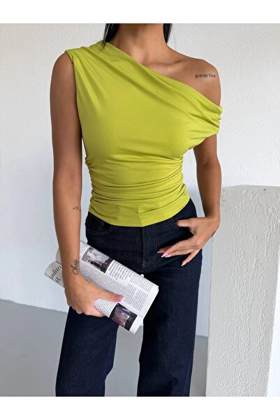 hazelin Women's Pistachio Green Side Draped Boat Neck Sandy Blouse Hzl25S-Fry...