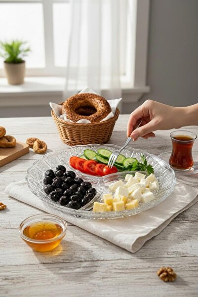 Bereketli Store 3 Bölmeli Cam Kahvaltı ve Çerez Tabağı – Çok Amaçlı Sunumluk