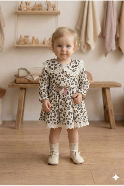 VaVbaby Lace Collared Muslin Baby Girl Dress with Leopard Printed Pieces