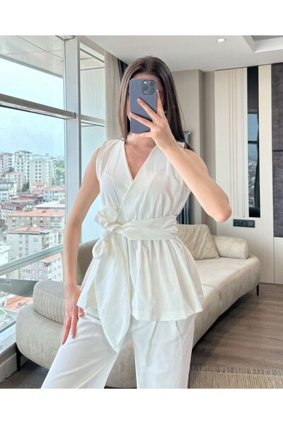 ÇEÇİM Women's Belted Detailed V-Neck Blouse Zyn-58902