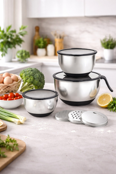 welcomein 9 Parça Paslanmaz Çelik Karıştırma & Saklama Kabı Seti 3 Rende Disk...