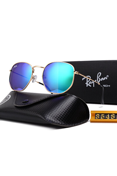 Ray-Ban نظارات شمسية بإطار ذهبي وعدسات زرقاء واقية من الأشعة فوق البنفسجية