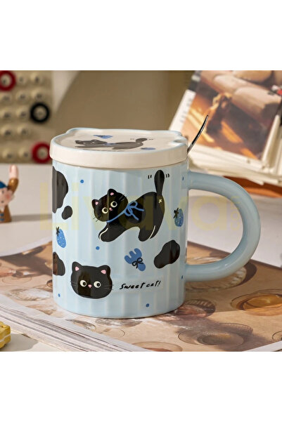 Livava Cat Patterned Pastel Colored Textured Ceramic Mug with Lid and Spoon -...