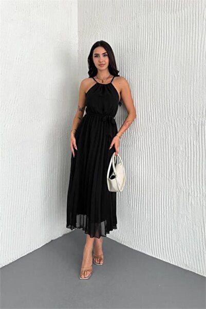 Dipmoda Women's Belted Midi Length Straps Chiffon Dress Dpk4207