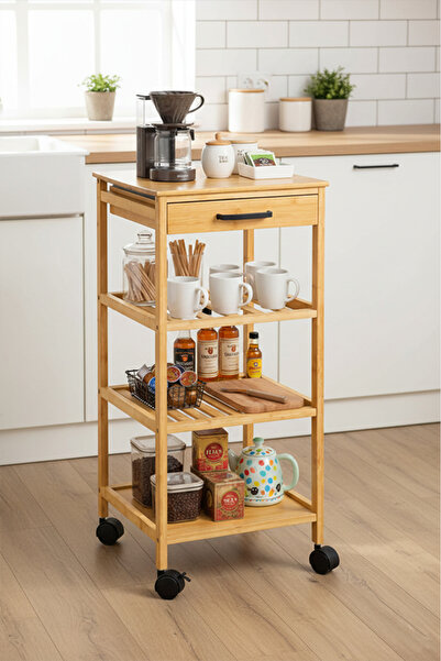 Rafiste Bambu Tekerlekli Düzenleyici Raf Ünitesi