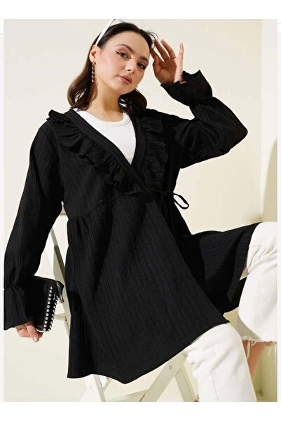 modasindoma Kimono cu volane pentru femei, negru