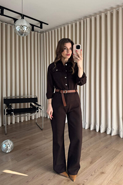 Sue Store Acı Kahve Belt Li Gabardine Oversized Overalls