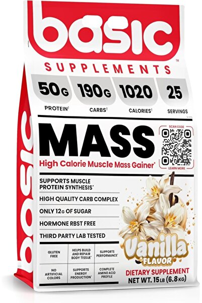 Basic Supplement مكمل غذائي لزيادة الوزن بنكهة الفانيليا، وزن 15 رطلاً