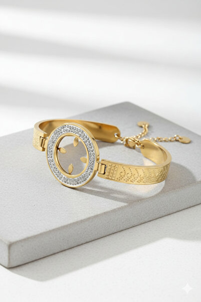 Liacharm Çeyrek Altın Uyumlu Zirkon Taşlı 14 Ayar Altın Kaplama Kelepçe Bileklik