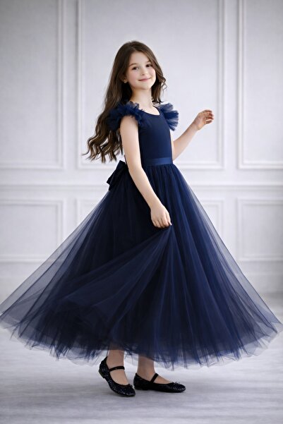 MadyaButik Kız Çocuk Lacivert Tüllü Prenses Abiye Elbise – Fırfır Kollu, Sırt...