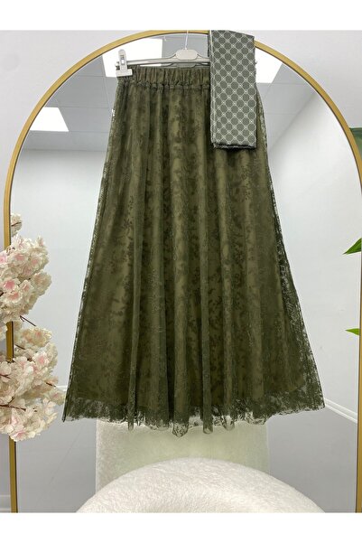 modasindoma تنورة نسائية مزين بدانتيل غيبور كاكي