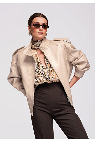 OMBRE Men's Leather Biker Jacket OW-JAFL-0104 Beige | Spring Autumn Jacket