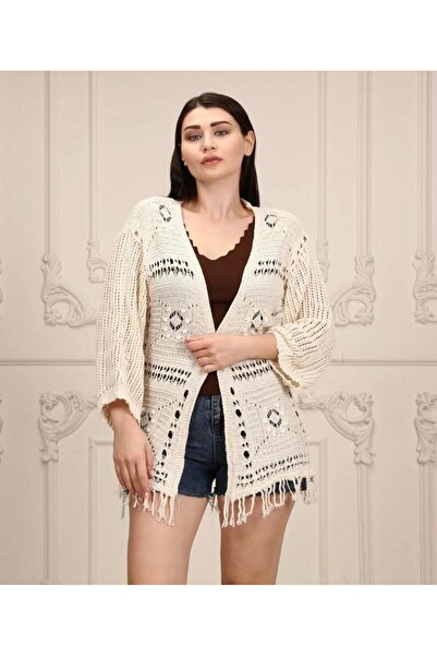 modasindoma Women's Mesh Patterned Cardigan Beige