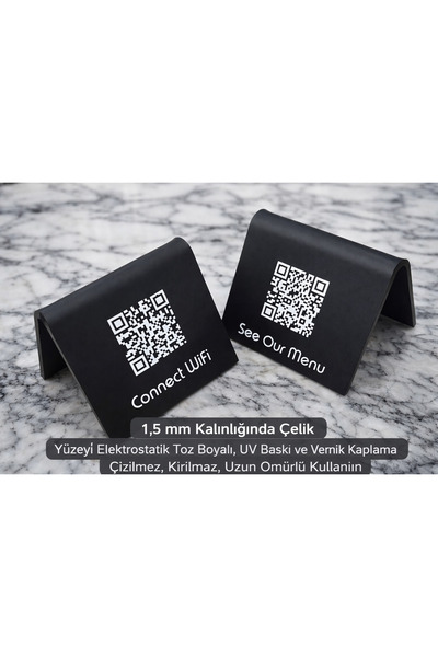 Çıba Design Metal X QR Menü ve Wi-Fi Masüstü Standı Kafe & Restoran Tipi (2'l...