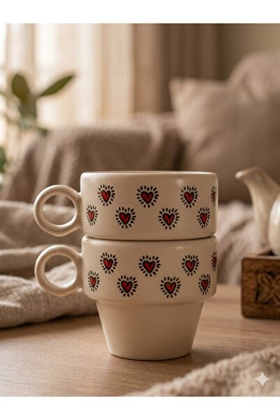 PALTO TASARIM Set of 2 Espresso Cups with Heart Effect Design - Gift Ceramic Cup