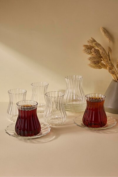 moontime alaçatı Harmancık 12 Parça Borosilikat Cam Çay Takımı 170 ml El Yapımı