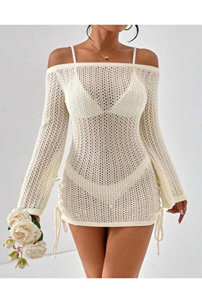 YUGA KNİTTİNG Women's Knitted a Lace-Like Knit Beach Dress with Tie-Up Detail