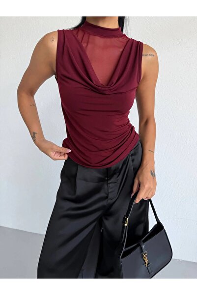 hazelin Γυναικεία μπλούζα μπορντό Τούλι με λεπτομέρεια Degaje γιακά και ντραπ...