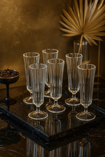 moontime alaçatı 6'lı Uzun Ayaklı Flüt Kahve Yanı Su Bardağı Seti