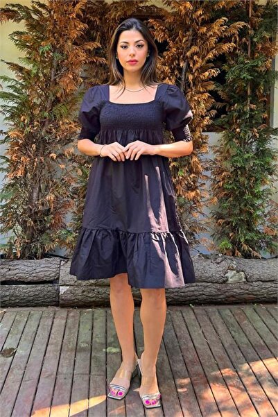 Dipmoda Women's Black New Season Skirt Ruffle Square Collar Short Dress Dpsnp008