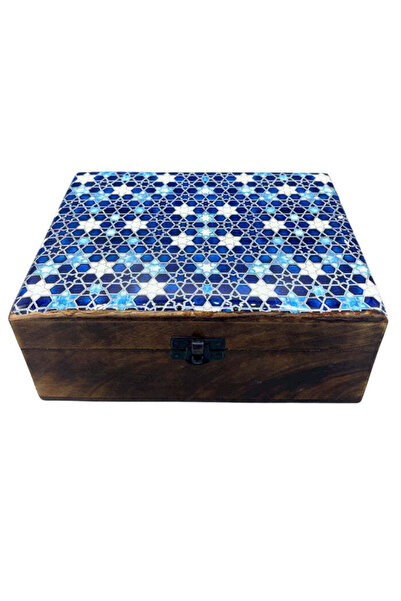 Namaruna Large Wooden Box with Ceramic Glaze - Blue Stars - 25 × 15 × 7.5 cm
