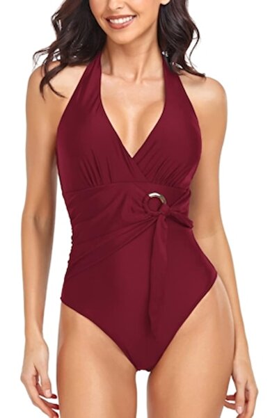 DELPI - One-Piece Swimsuit, Deep V Neck, Removable Cups, Red, Size S