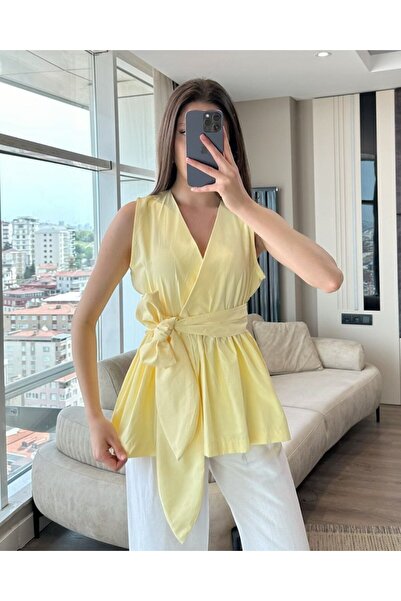 ÇEÇİM Bluză de damă cu decolteu în V și detalii tip eșarfă ZYN-58902