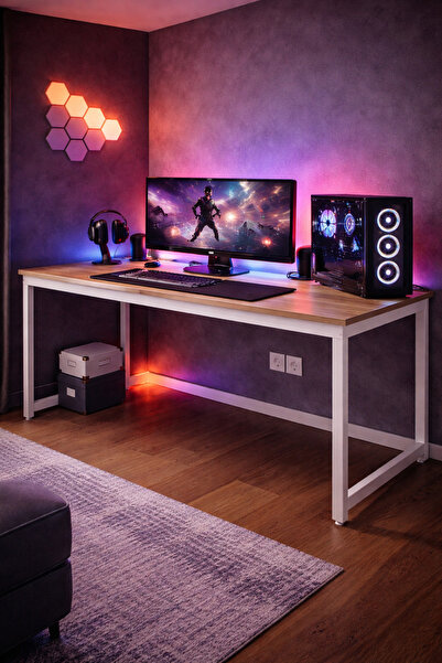 Flinder Çam/Beyaz Oyuncu Masası 60x140 Cm, Beyaz Renk Bilgisayar Masası, Game...