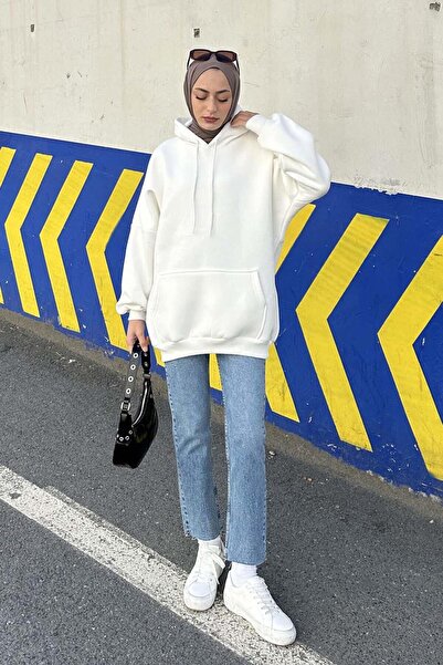 lamelif سترة جيب الكنغر ذات الثلاثة خيوط باللون الأبيض