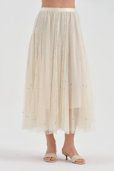 tw3 Fusta lungă de damă dantelă și tul cu design cu pietre pe țesătură