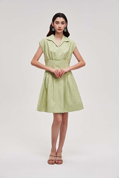 mica High-waist short-sleeve embroidered knee-length dress