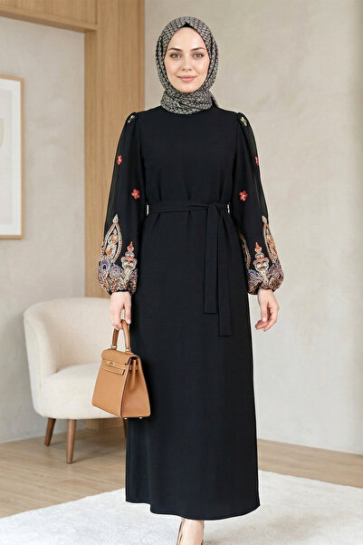 FERHEL Hijab Sleeve Embroidery t Tulle Lace-Up Pencil Dress - Black