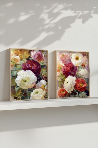 STARYUNA Wooden Framed Colorful Flower Bouquet Double Painting Set Yuna595
