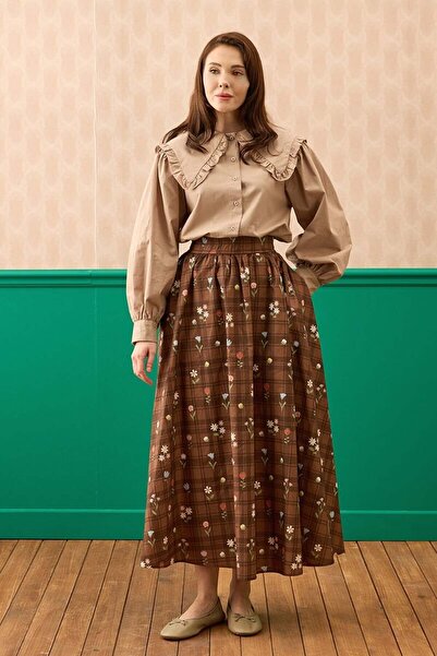 Ceylan Otantik Bitter Brown Floral Print Balloon Skirt