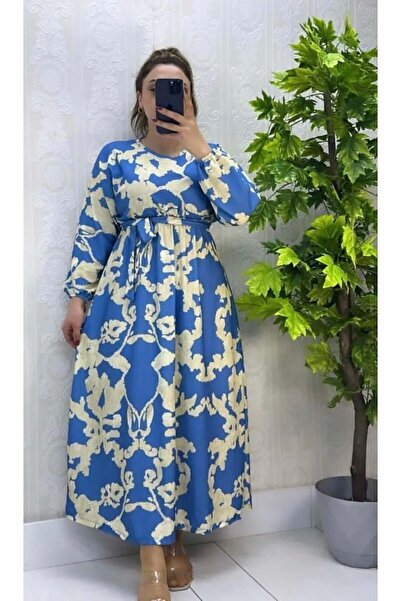 modasindoma Women's Patterned Bat Sleeve Dress Blue