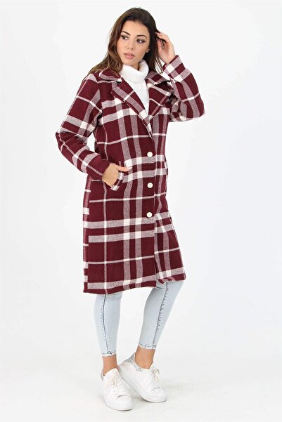 Dipmoda Women's Button Detailed Pocketed Plaid Melton Coat Dp9018