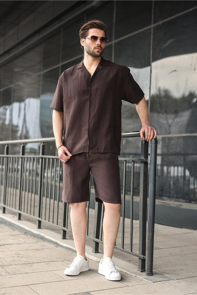 Madmext Brown Tencel Fabric Men's Shorts and Shirt Set E7352