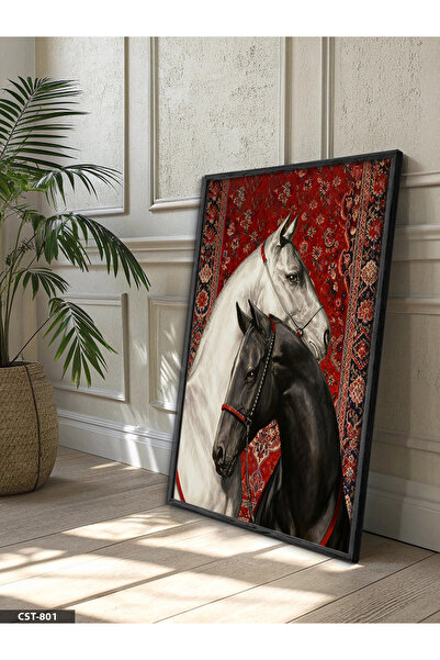 Evinemoda Black and White Horse One Piece Wooden Framed Painting