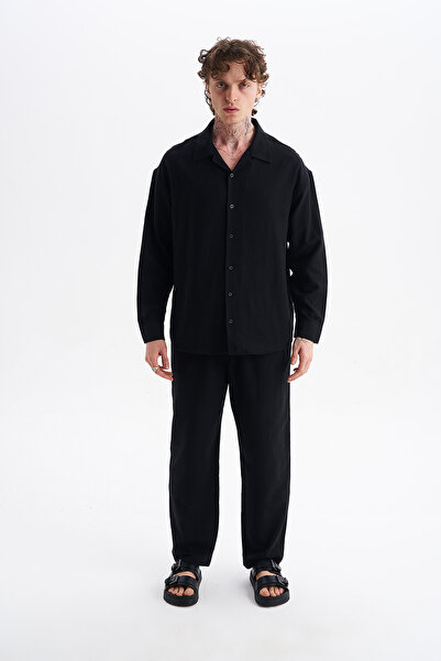 NOHOW Men's Koton Linen Blended Long Sleeve Apaj Collar Shirt, Elastic Waist ...