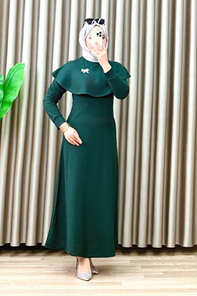 ALYA ARORA ELBİSE Örme Raşel Kumaş Yeşil Kadın Pelerin Yaka Şık Elbise
