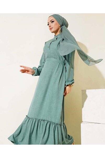 modasindoma Дамска рокля от лен с висока яка в ментовозелено