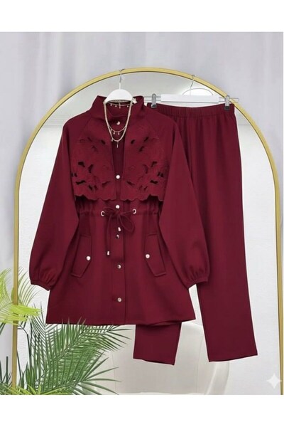 modasindoma طقم نسائي مكون من قطعتين قص بالليزر باللون الأحمر الداكن